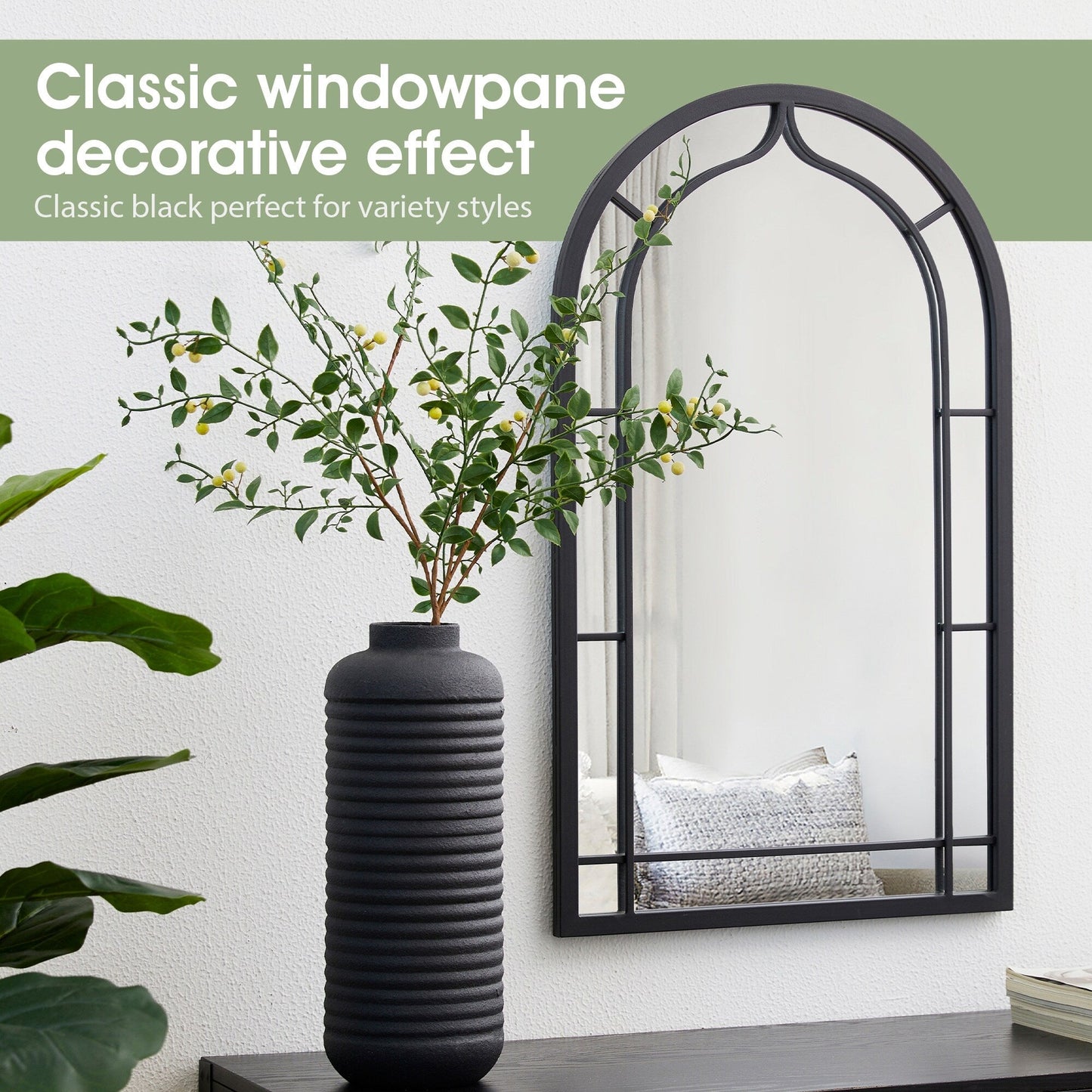 Glitzhome Specchio da parete moderno in metallo nero, rotondo/arcuato, in vetro, per interni