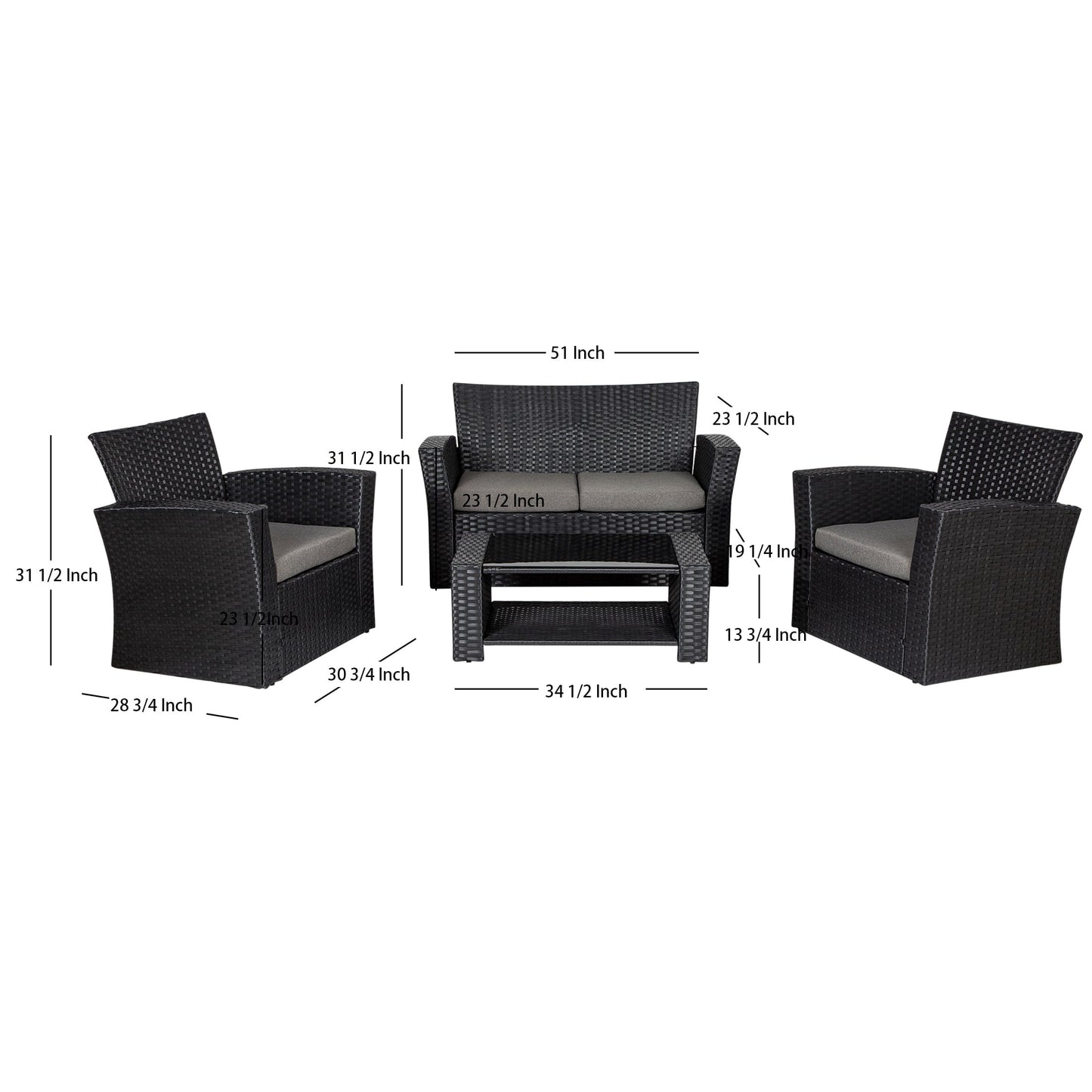 Set da conversazione per patio esterno Grandview in vimini nero da 4 pezzi