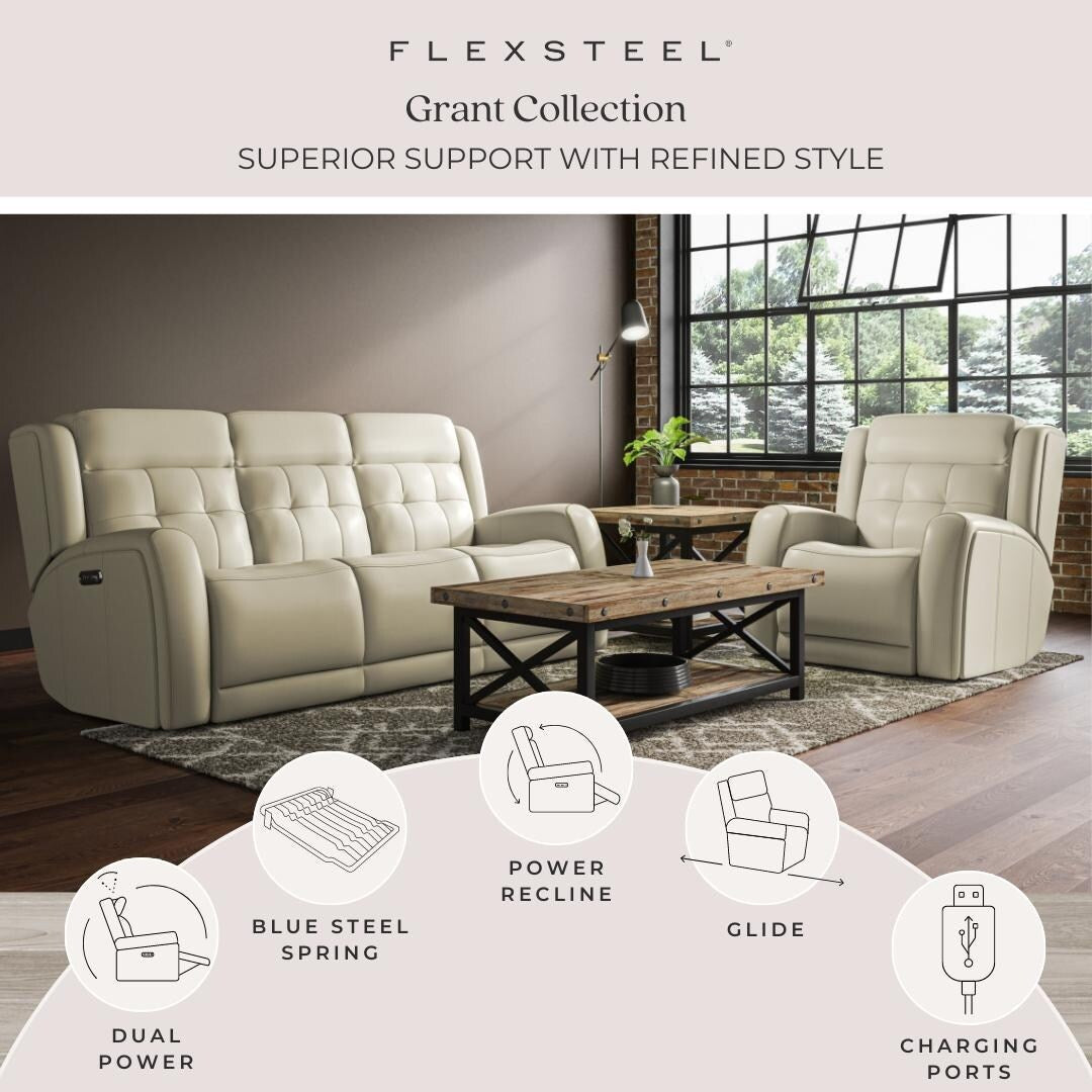 Divano reclinabile elettrico in pelle Grant 87 con poggiatesta elettrici di Flexsteel