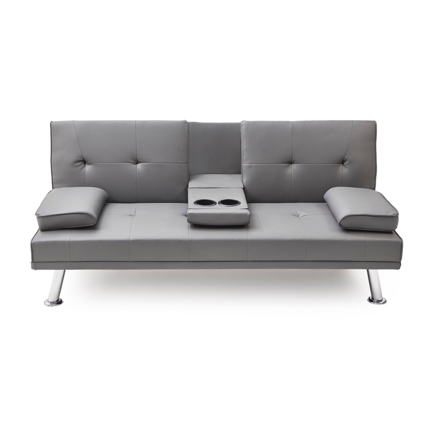 Divano letto pieghevole in similpelle grigio 67 con gambe in metallo argentato e portabicchieri per soggiorno