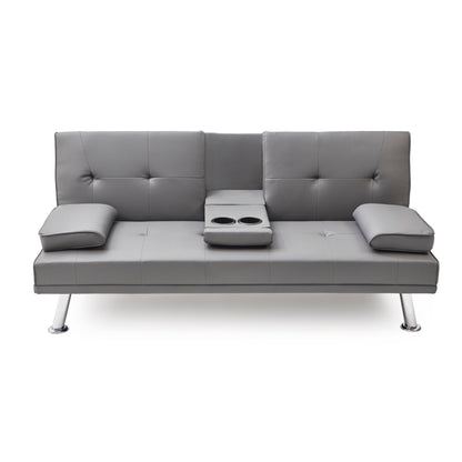 Divano letto pieghevole in similpelle grigio 67 con gambe in metallo argentato e portabicchieri per soggiorno