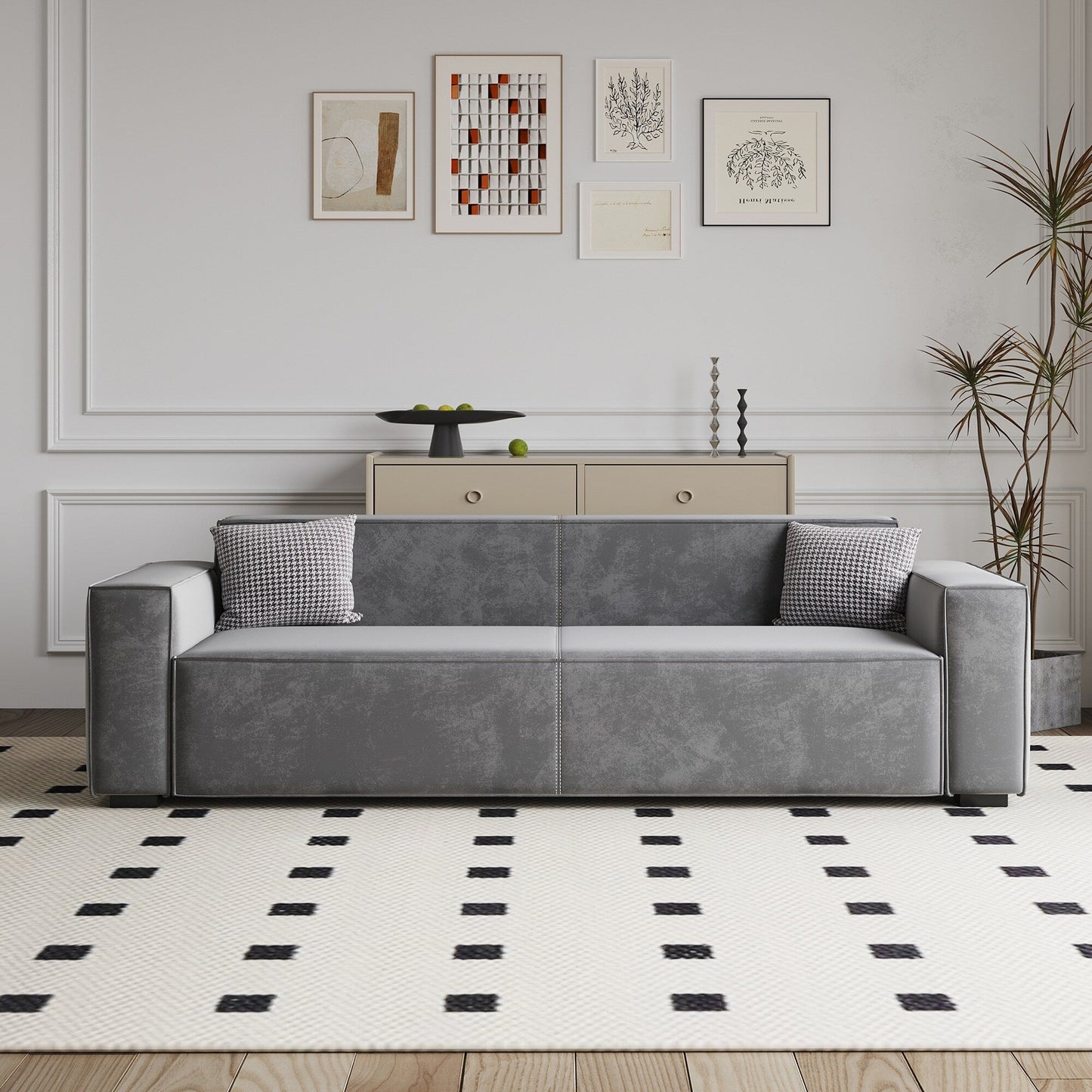 Divano a due posti imbottito in ciniglia grigia con gambe in legno