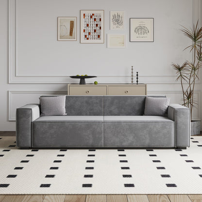 Divano a due posti imbottito in ciniglia grigia con gambe in legno