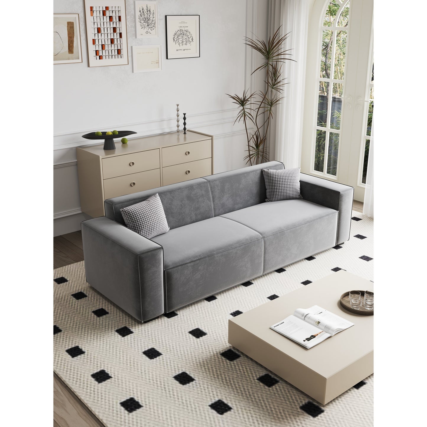 Divano a due posti imbottito in ciniglia grigia con gambe in legno