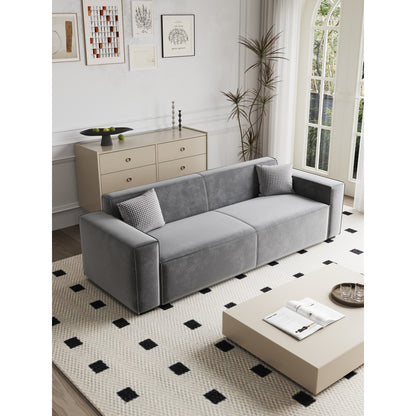 Divano a due posti imbottito in ciniglia grigia con gambe in legno