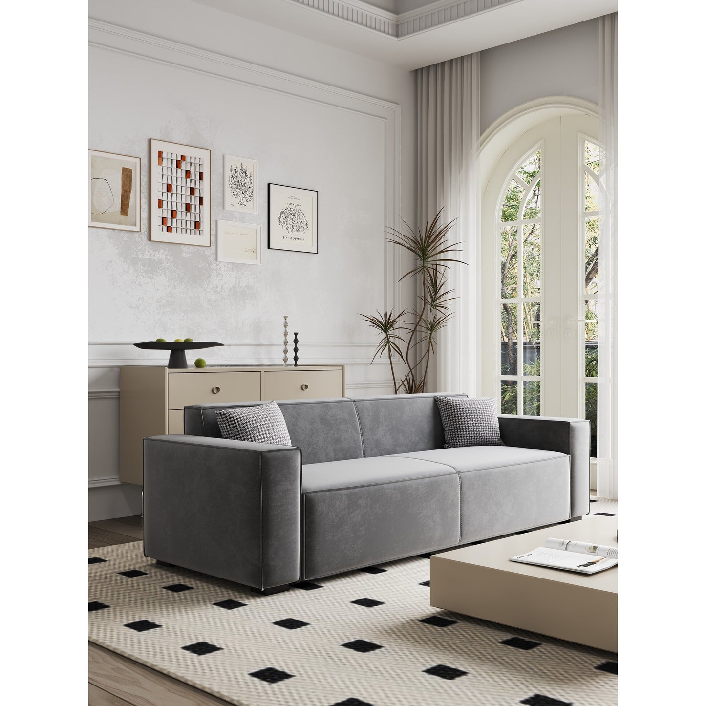 Divano a due posti imbottito in ciniglia grigia con gambe in legno