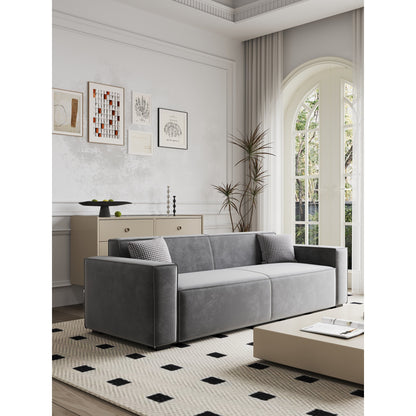 Divano a due posti imbottito in ciniglia grigia con gambe in legno