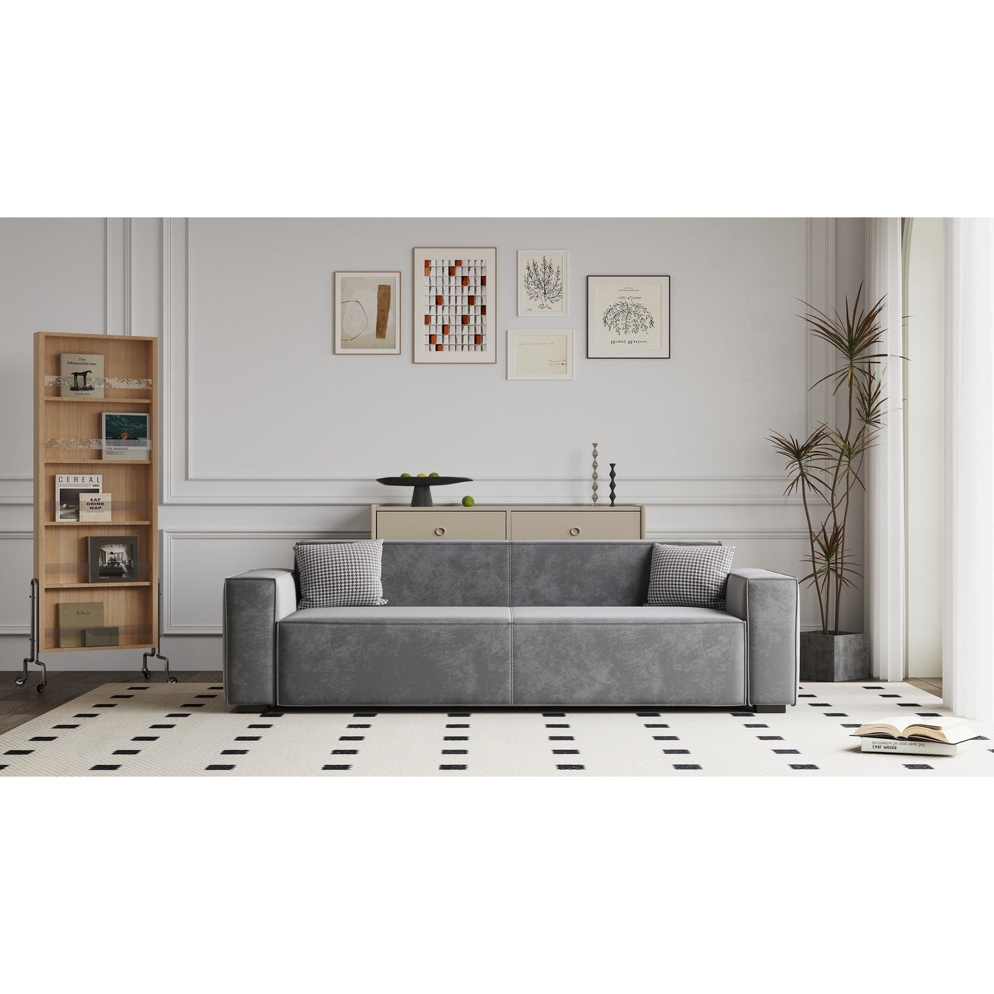 Divano a due posti imbottito in ciniglia grigia con gambe in legno