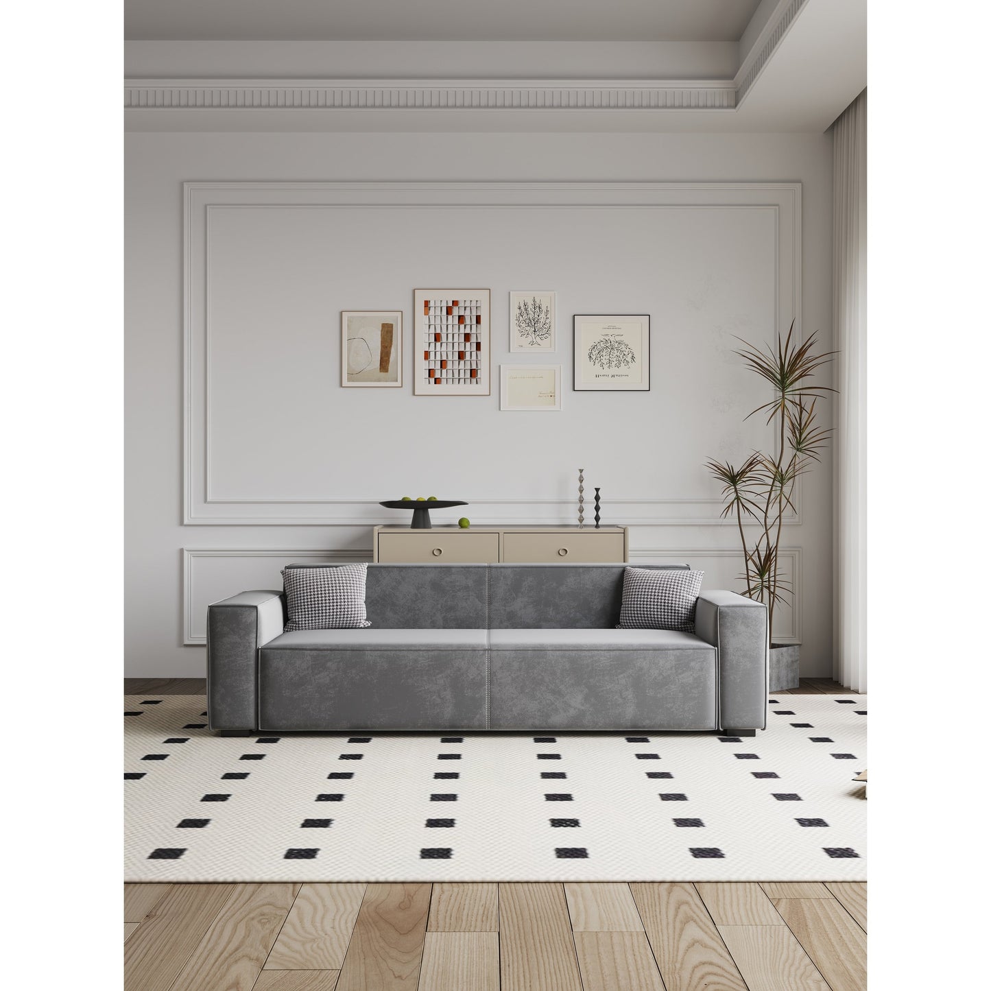 Divano a due posti imbottito in ciniglia grigia con gambe in legno