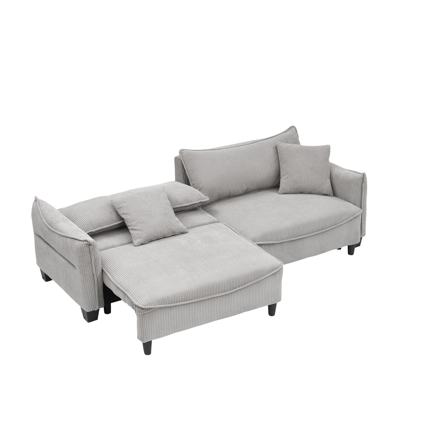 Divano letto a 3 posti in velluto a coste grigio con cuscini e contenitore