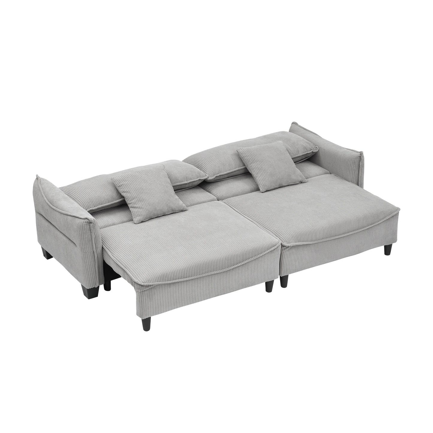 Divano letto a 3 posti in velluto a coste grigio con cuscini e contenitore