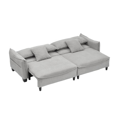 Divano letto a 3 posti in velluto a coste grigio con cuscini e contenitore
