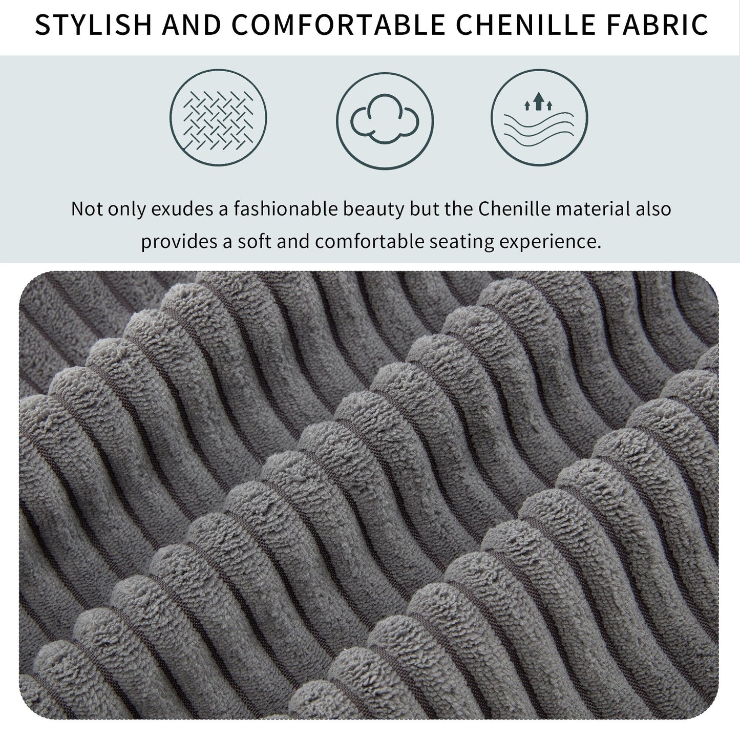 Divano a 3 posti imbottito in velluto a coste grigio con cuscini rimovibili