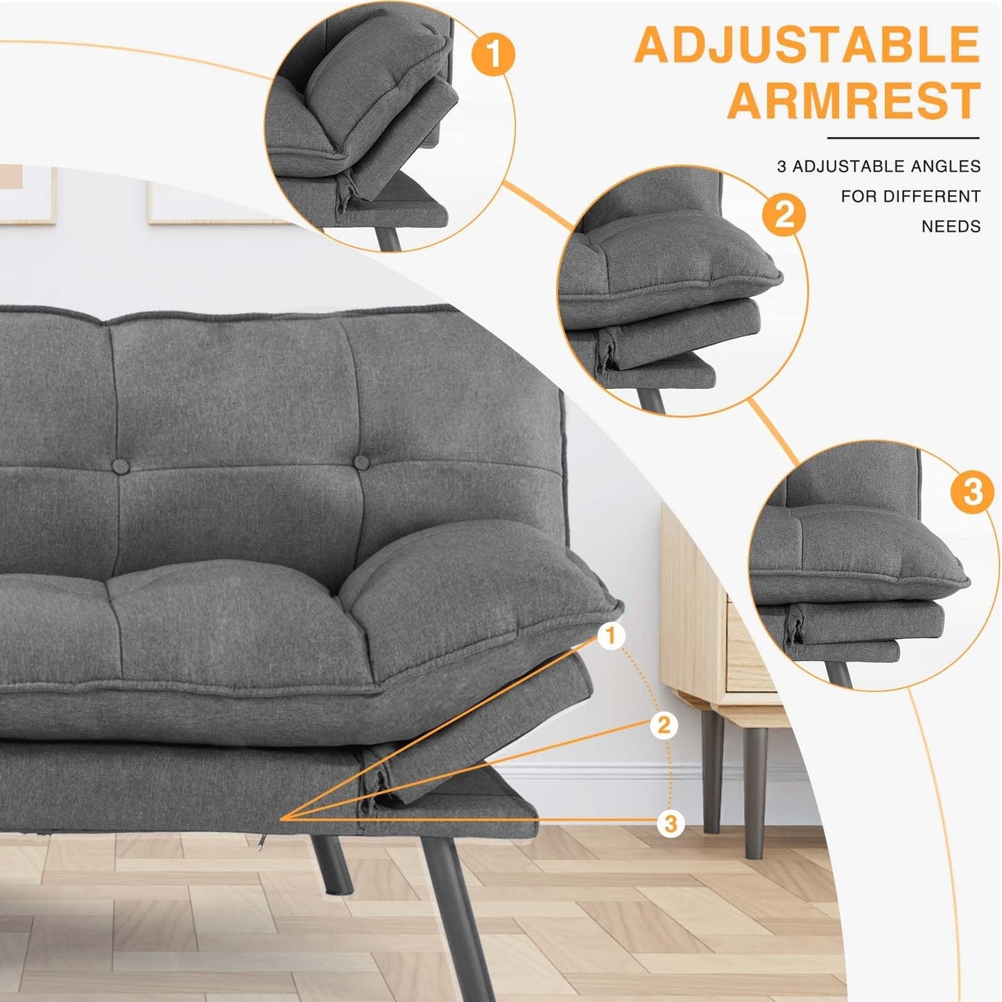 Divano letto pieghevole in lino grigio con gambe in metallo