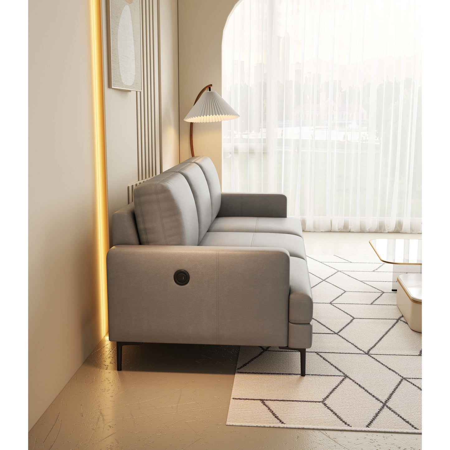 Divano a 3 posti in vera pelle grigia di lusso 77 con caricabatterie USB per soggiorno