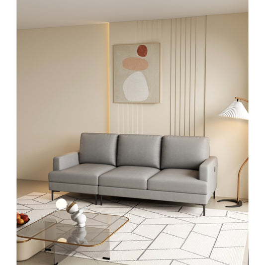 Divano a 3 posti in vera pelle grigia di lusso 77 con caricabatterie USB per soggiorno