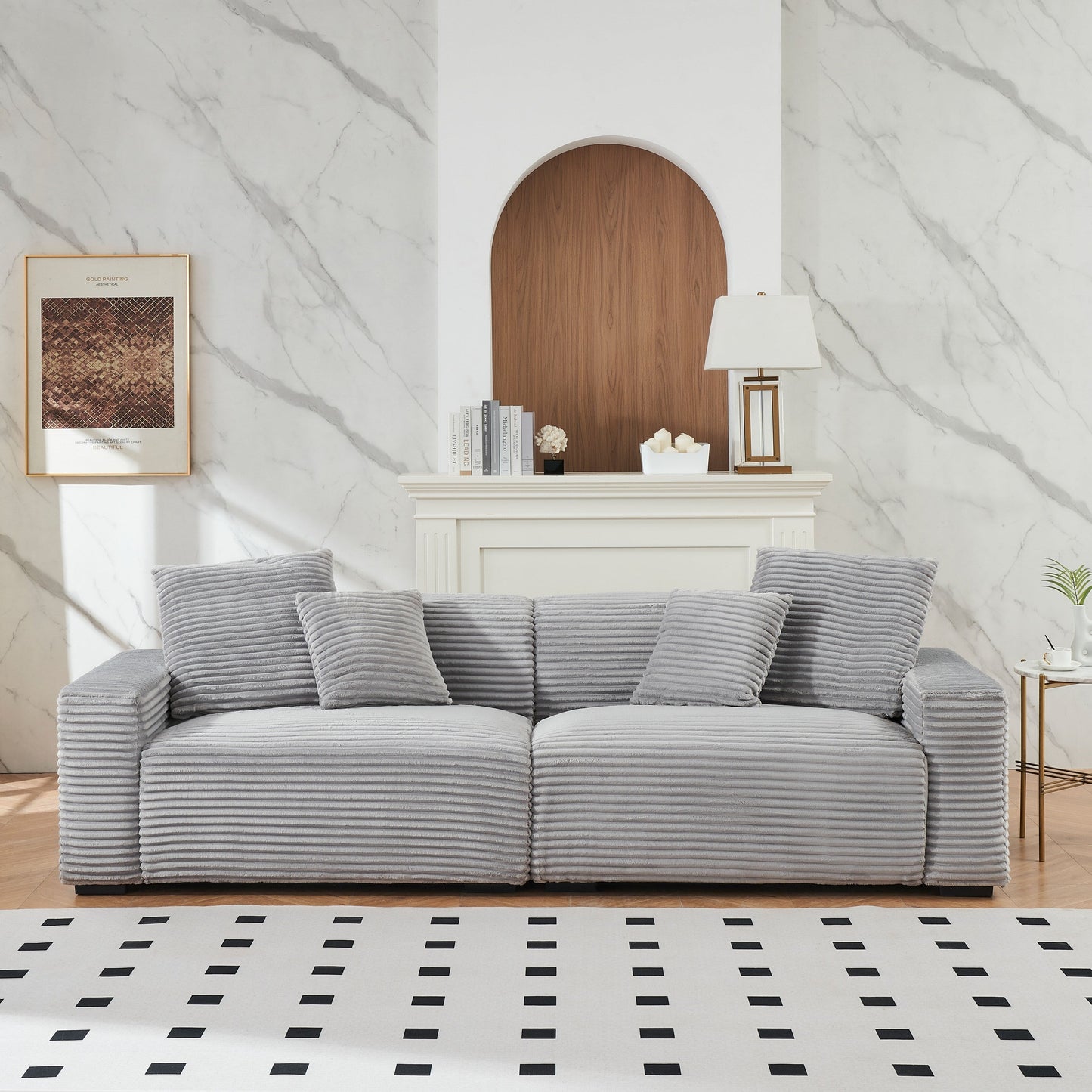 Divano moderno grigio 104.72 in velluto a coste a 4 posti con 4 cuscini per soggiorno