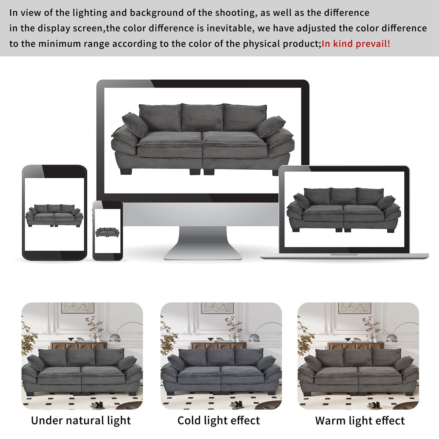 Divano a due posti imbottito in velluto a coste grigio moderno da 85,4 pollici con 2 cuscini decorativi per soggiorno