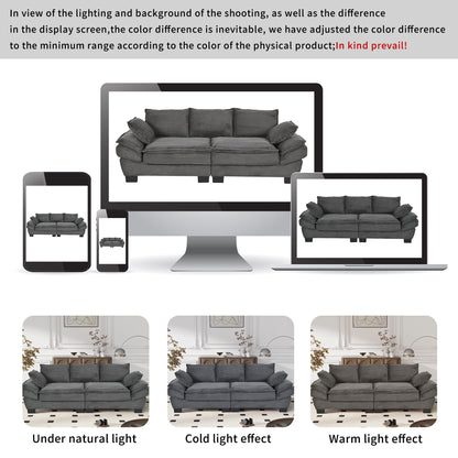 Divano a due posti imbottito in velluto a coste grigio moderno da 85,4 pollici con 2 cuscini decorativi per soggiorno
