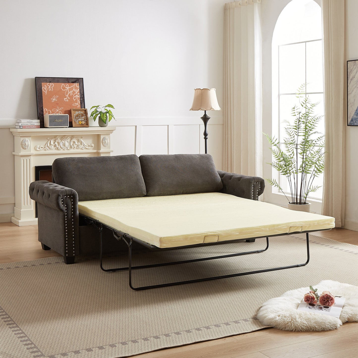 Divano letto trasformabile a 3 posti in poliestere grigio