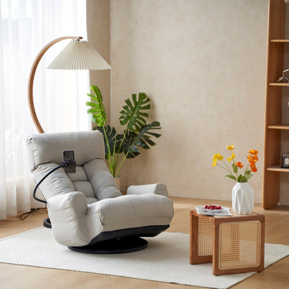 Poltrona reclinabile girevole a 360° imbottita grigia con supporto per cellulare e poggiatesta regolabile