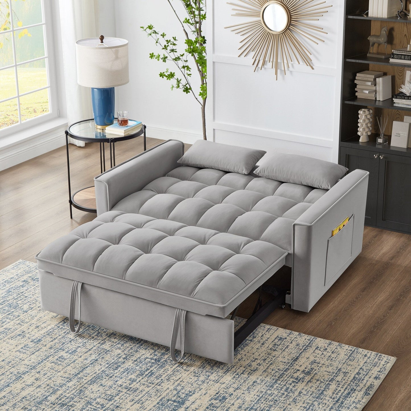 Divano letto estraibile 4 in 1 in velluto grigio