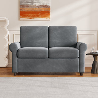 Divano letto estraibile in velluto grigio con coprimaterasso e porte USB