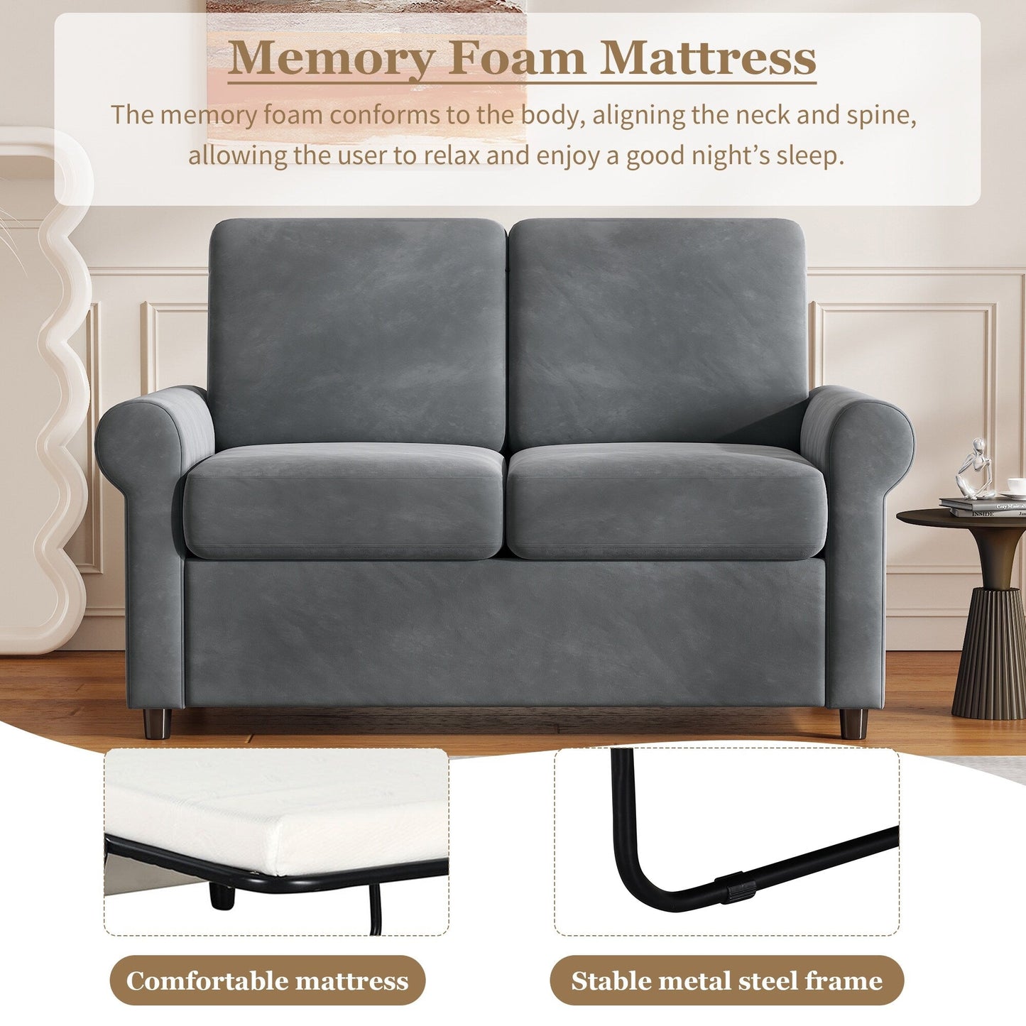 Divano letto estraibile in velluto grigio con coprimaterasso e porte USB