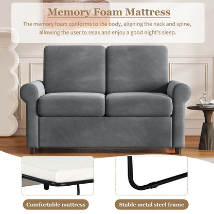 Divano letto estraibile in velluto grigio con coprimaterasso e porte USB