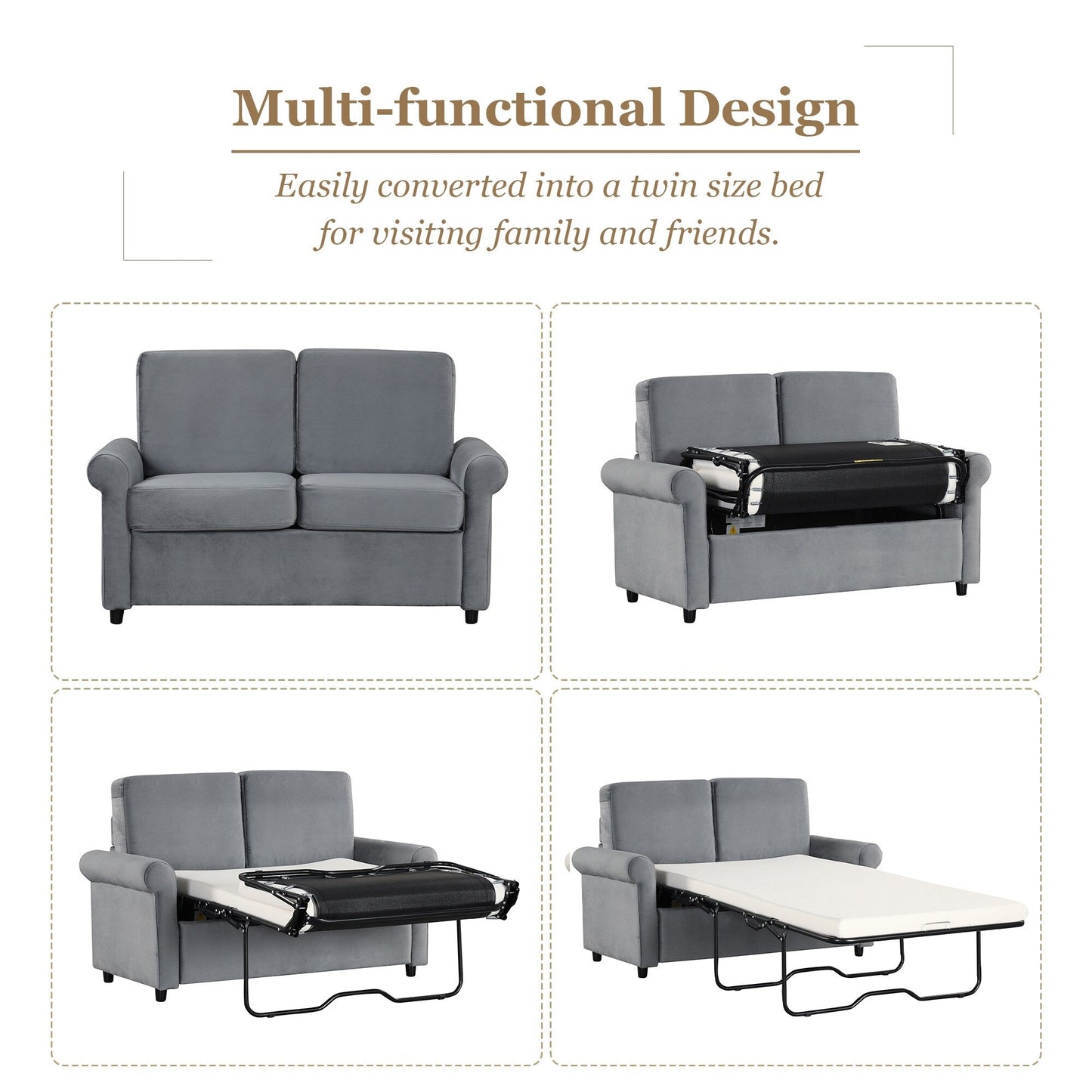 Divano letto estraibile in velluto grigio con coprimaterasso e porte USB