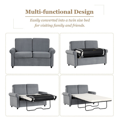 Divano letto estraibile in velluto grigio con coprimaterasso e porte USB