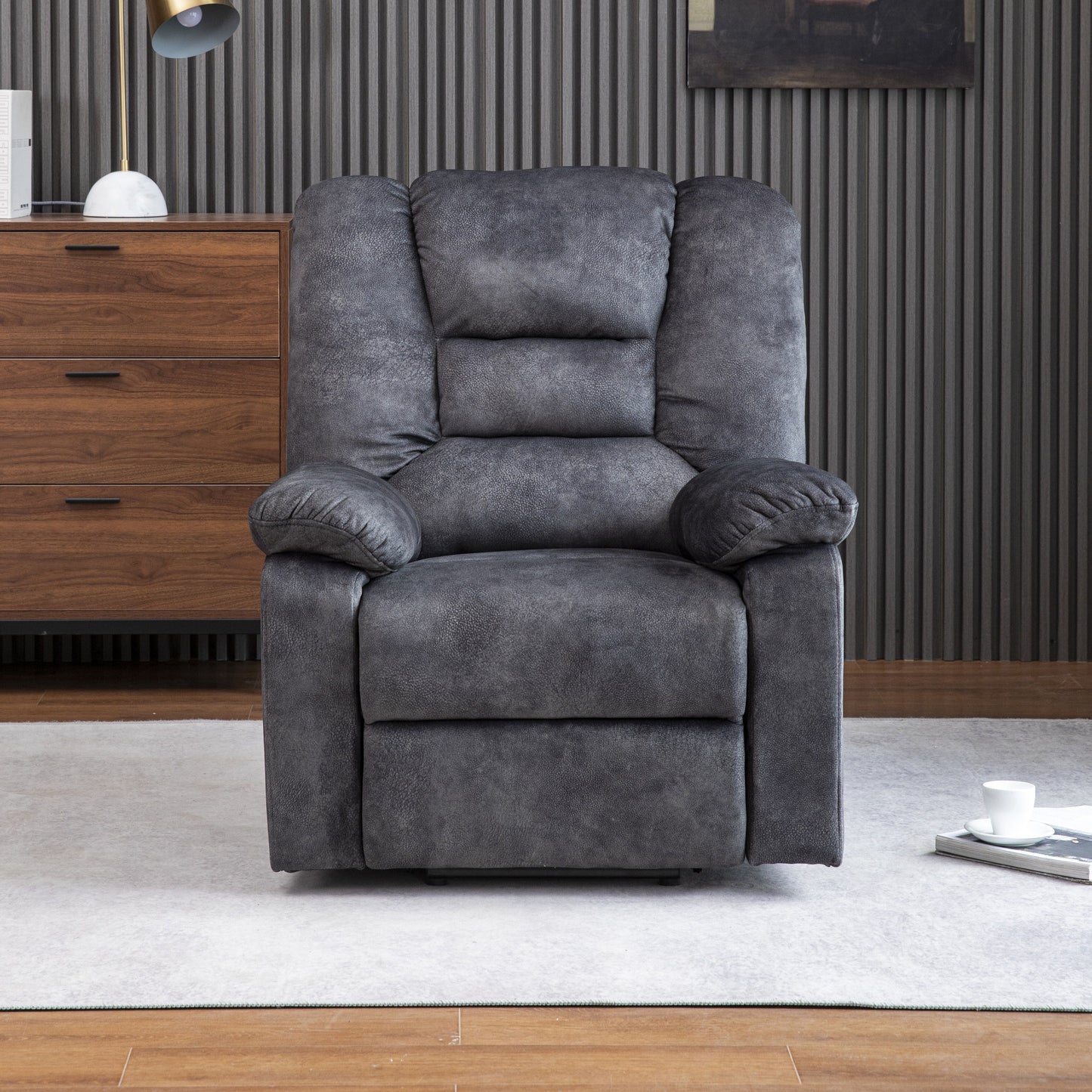 Poltrona reclinabile elettrica imbottita in velluto grigio per anziani con massaggio, riscaldamento lombare e tasche laterali portaoggetti