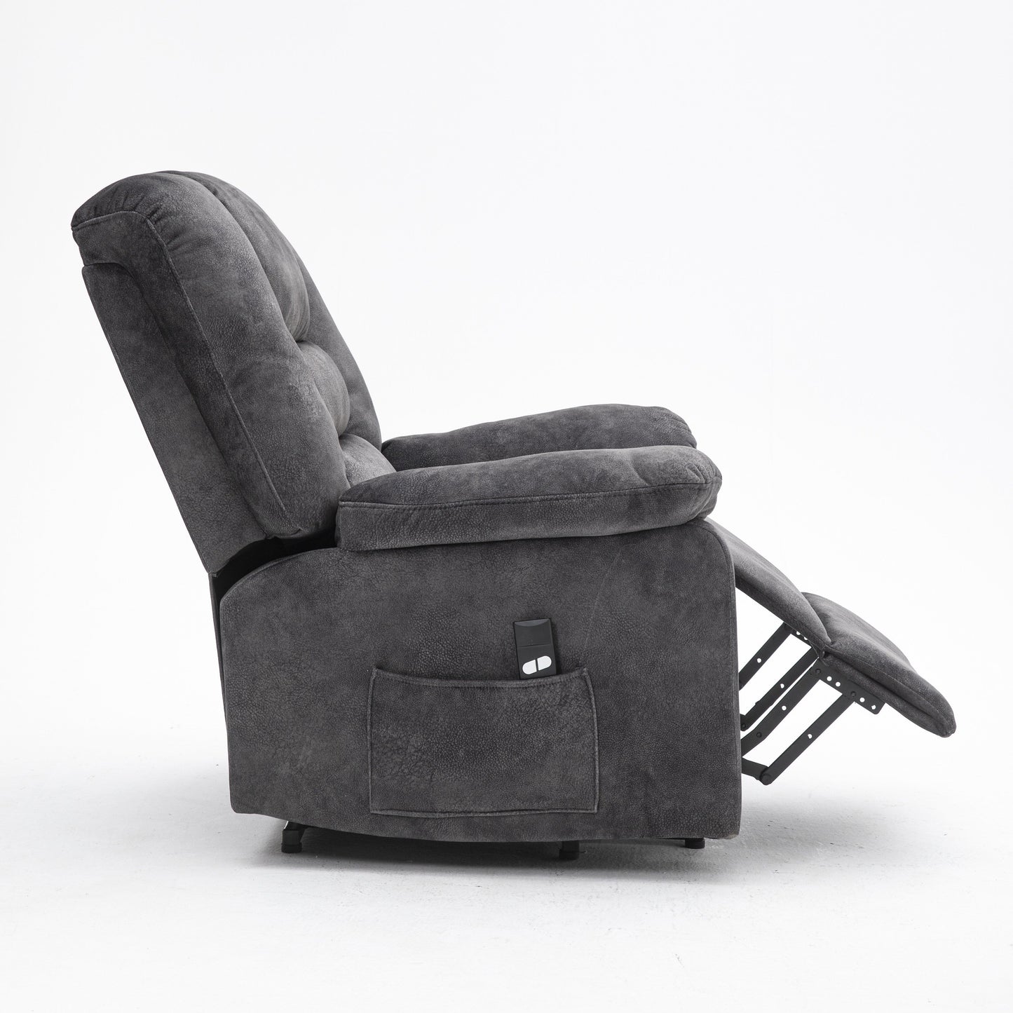 Poltrona reclinabile elettrica imbottita in velluto grigio per anziani con massaggio, riscaldamento lombare e tasche laterali portaoggetti