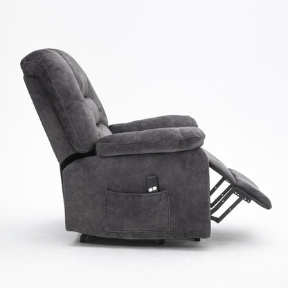 Poltrona reclinabile elettrica imbottita in velluto grigio per anziani con massaggio, riscaldamento lombare e tasche laterali portaoggetti