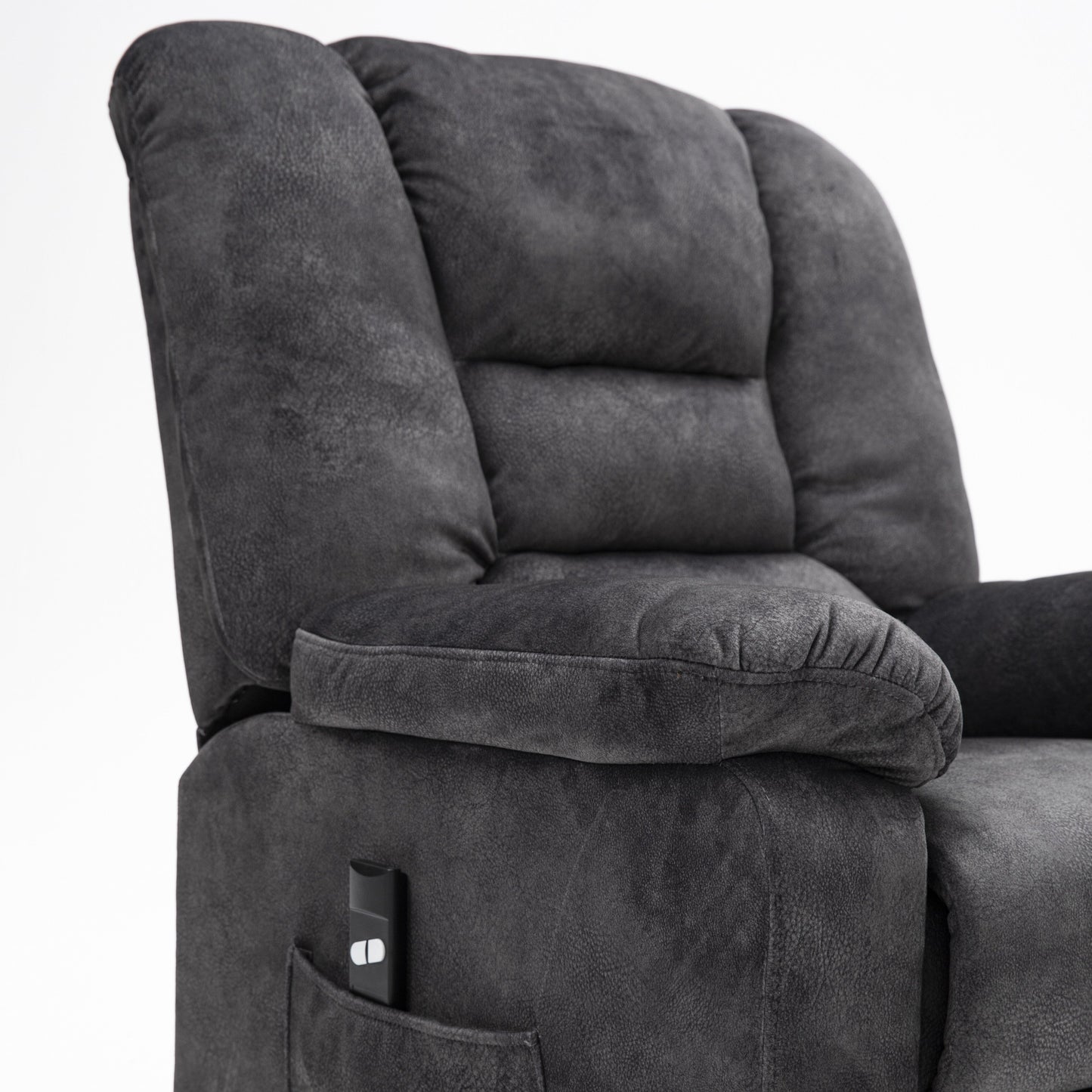 Poltrona reclinabile elettrica imbottita in velluto grigio per anziani con massaggio, riscaldamento lombare e tasche laterali portaoggetti