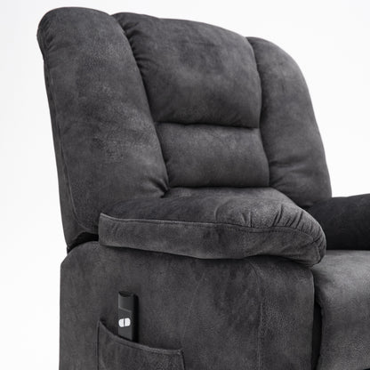 Poltrona reclinabile elettrica imbottita in velluto grigio per anziani con massaggio, riscaldamento lombare e tasche laterali portaoggetti
