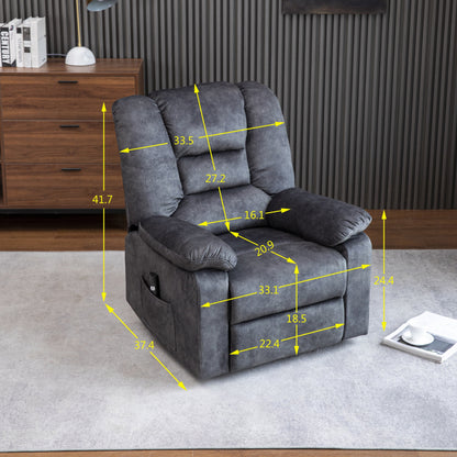 Poltrona reclinabile elettrica imbottita in velluto grigio per anziani con massaggio, riscaldamento lombare e tasche laterali portaoggetti