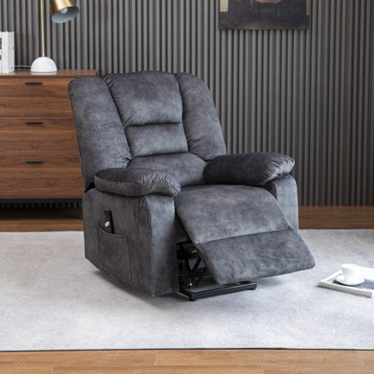 Poltrona reclinabile elettrica imbottita in velluto grigio per anziani con massaggio, riscaldamento lombare e tasche laterali portaoggetti