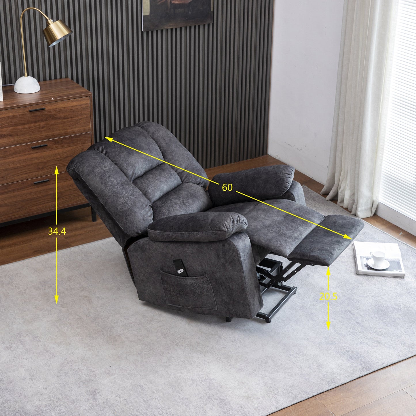 Poltrona reclinabile elettrica imbottita in velluto grigio per anziani con massaggio, riscaldamento lombare e tasche laterali portaoggetti