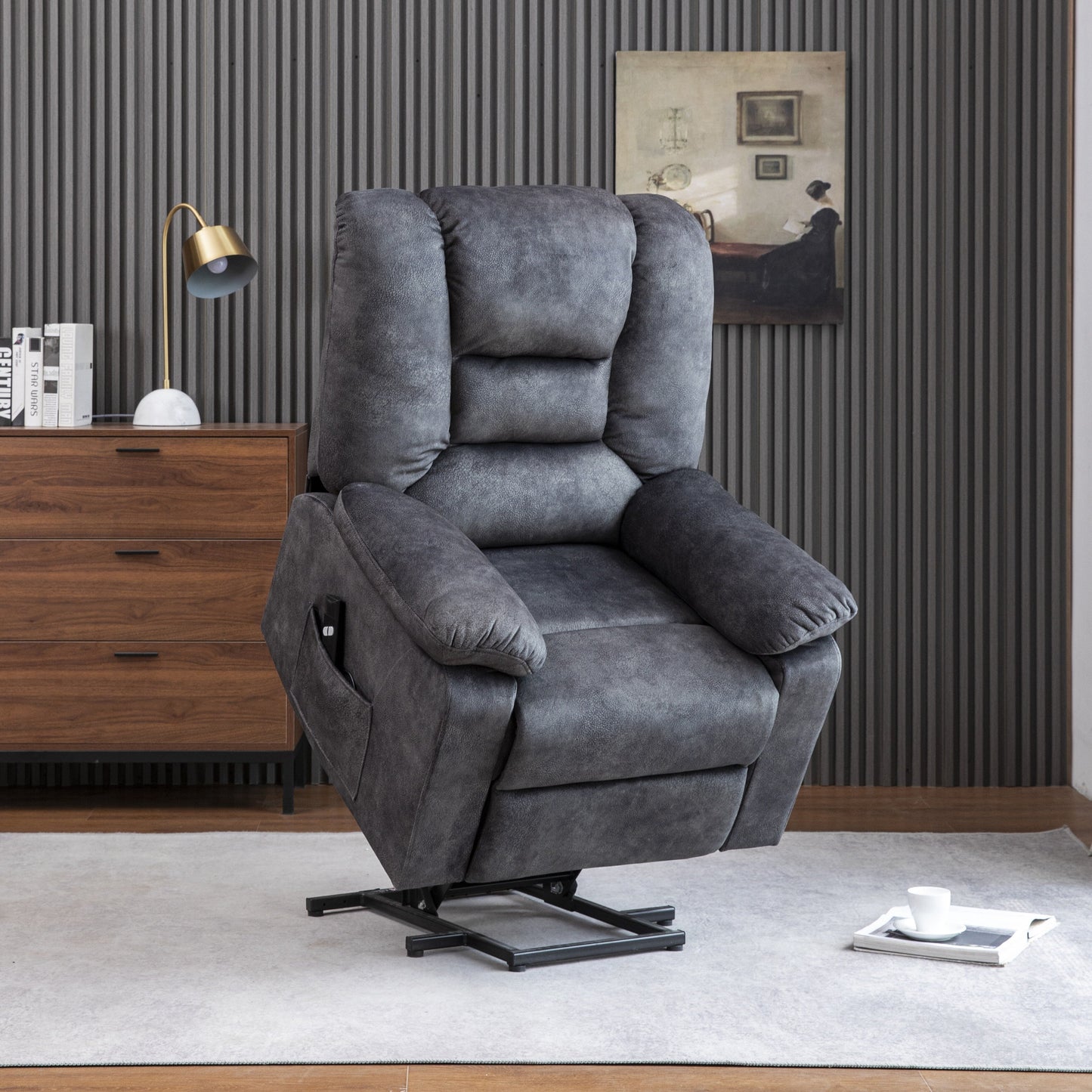 Poltrona reclinabile elettrica imbottita in velluto grigio per anziani con massaggio, riscaldamento lombare e tasche laterali portaoggetti