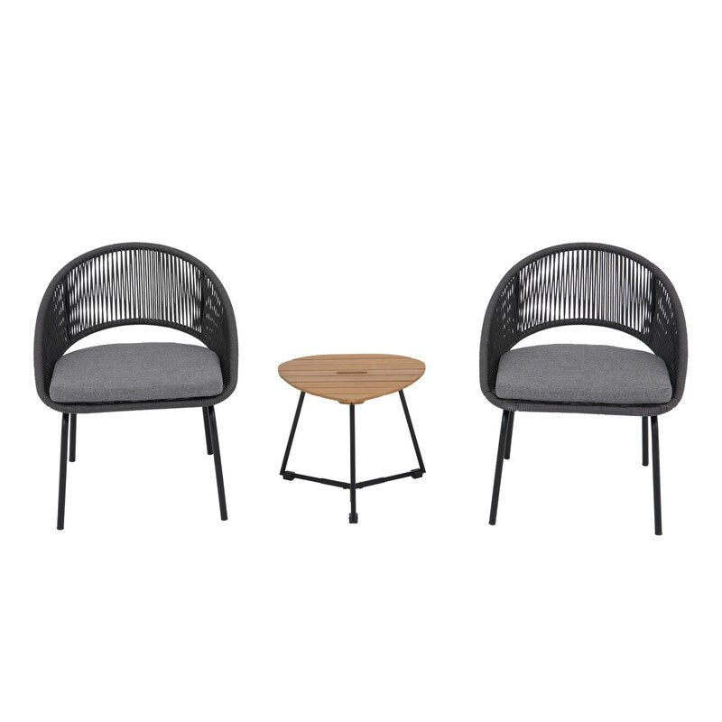 Set da bistrot in corda intrecciata grigia - 3 sedie da giardino con cuscini