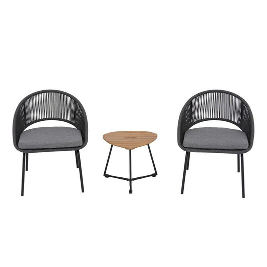 Set da bistrot in corda intrecciata grigia - 3 sedie da giardino con cuscini