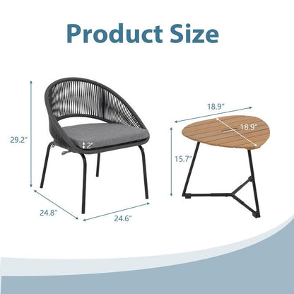 Set da bistrot in corda intrecciata grigia - 3 sedie da giardino con cuscini