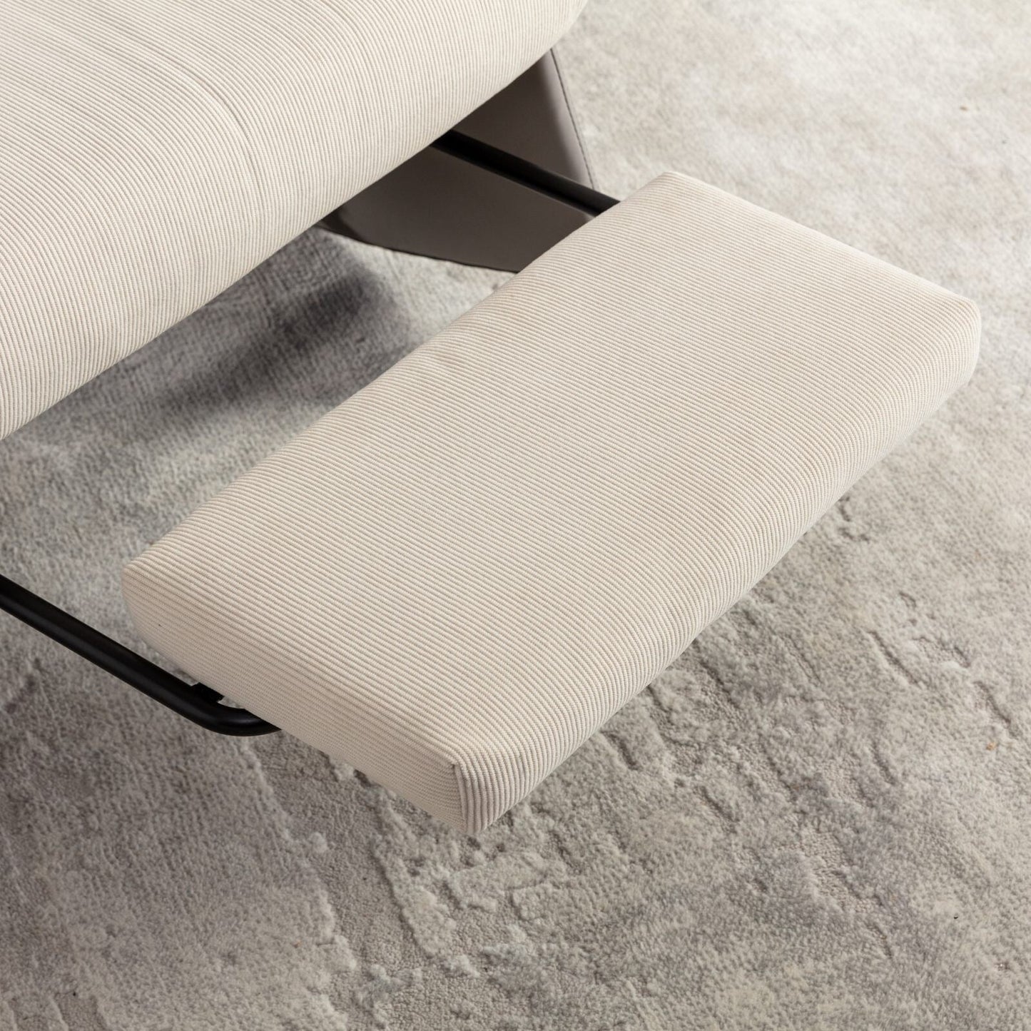 Poltrona reclinabile moderna imbottita in velluto a coste grigio+beige con poggiapiedi e gambe in pelle PU per soggiorno e camera da letto