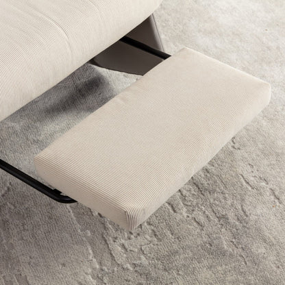 Poltrona reclinabile moderna imbottita in velluto a coste grigio+beige con poggiapiedi e gambe in pelle PU per soggiorno e camera da letto