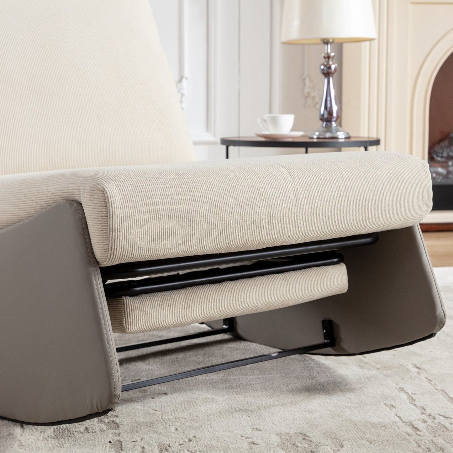 Poltrona reclinabile moderna imbottita in velluto a coste grigio+beige con poggiapiedi e gambe in pelle PU per soggiorno e camera da letto