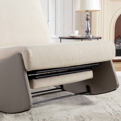 Poltrona reclinabile moderna imbottita in velluto a coste grigio+beige con poggiapiedi e gambe in pelle PU per soggiorno e camera da letto