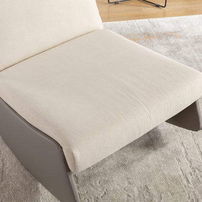 Poltrona reclinabile moderna imbottita in velluto a coste grigio+beige con poggiapiedi e gambe in pelle PU per soggiorno e camera da letto