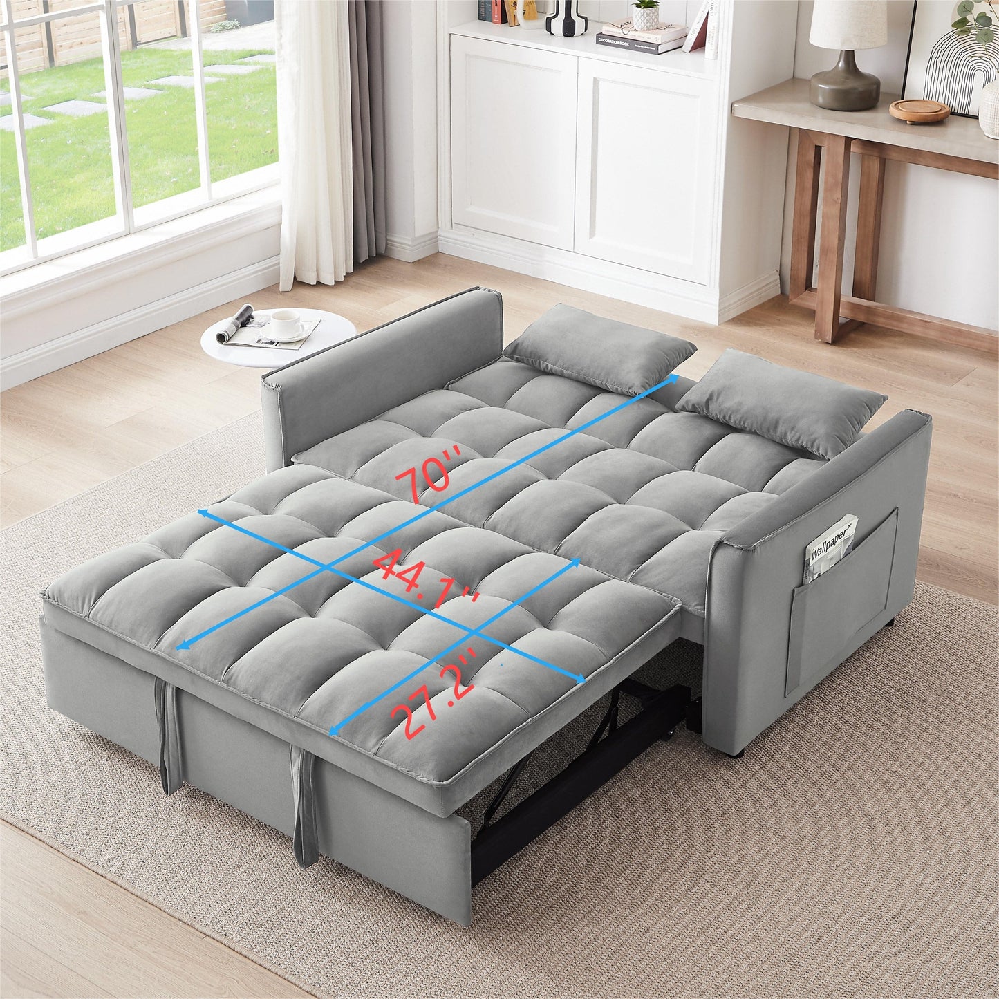 Divano letto convertibile 3 in 1 Grayish Modern 55.1 con schienale regolabile e borsa portaoggetti per soggiorno