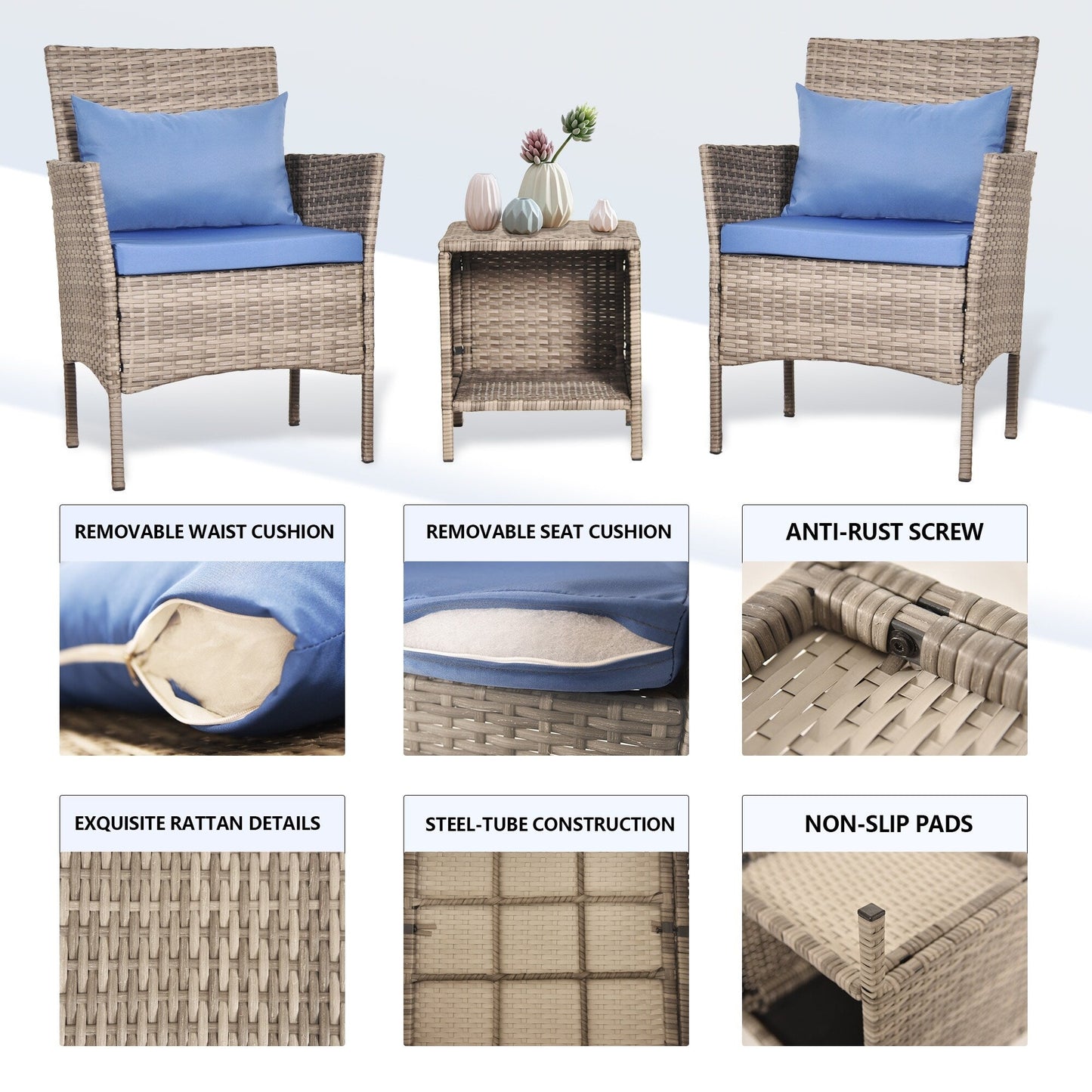 Set da bistrot per conversazione da esterno, 3 pezzi, mobili da esterno, sedie in vimini e tavolo riponibile, set di mobili da balcone per veranda